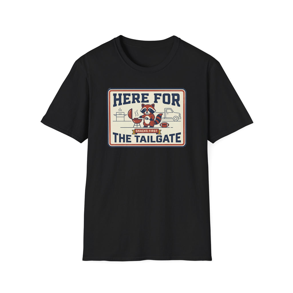 Black crewneck T-shirt with raccoon tailgate graphic, “Here for the Tailgate” print