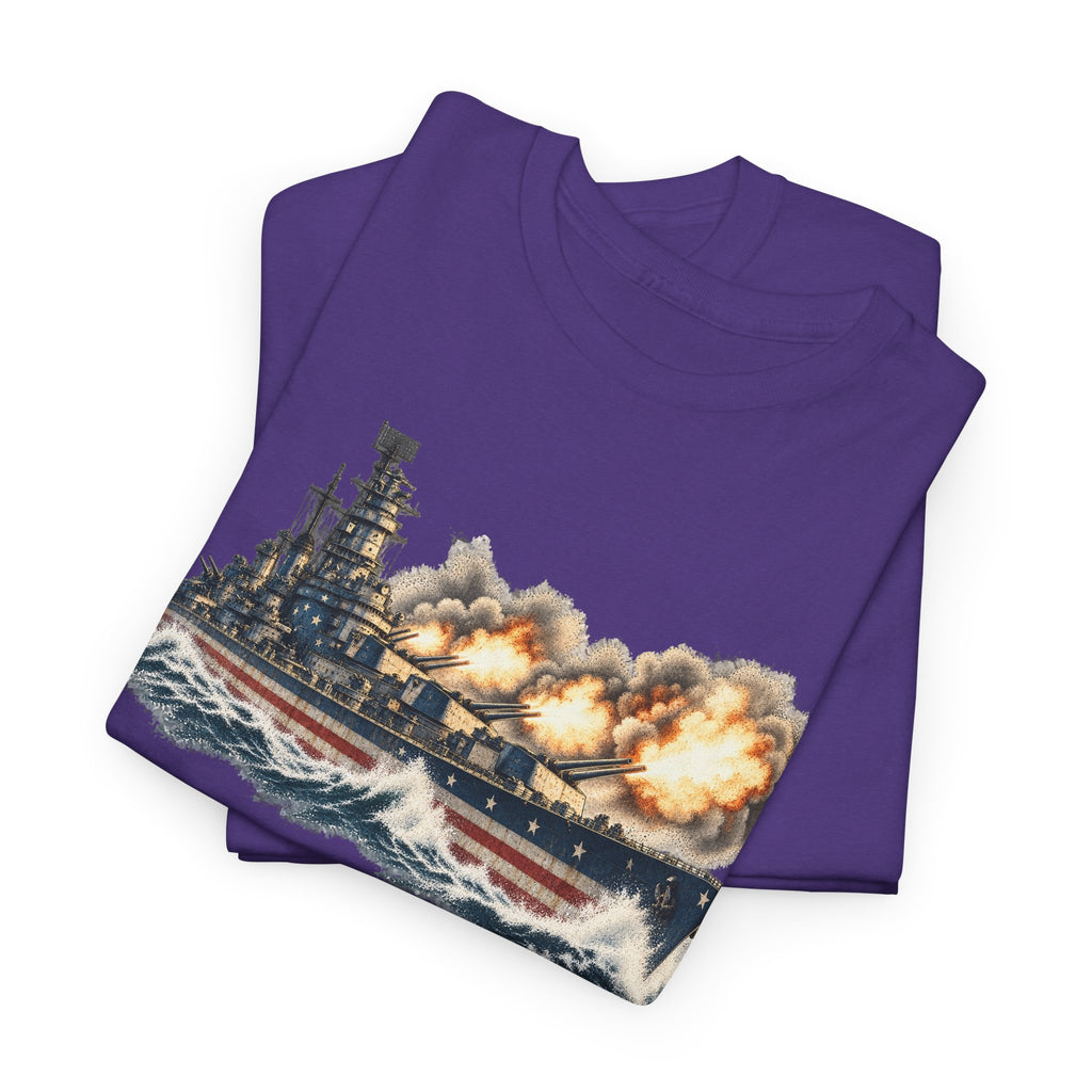 Purple crew-neck T-shirt with battleship graphic and smoke cloud print on front
