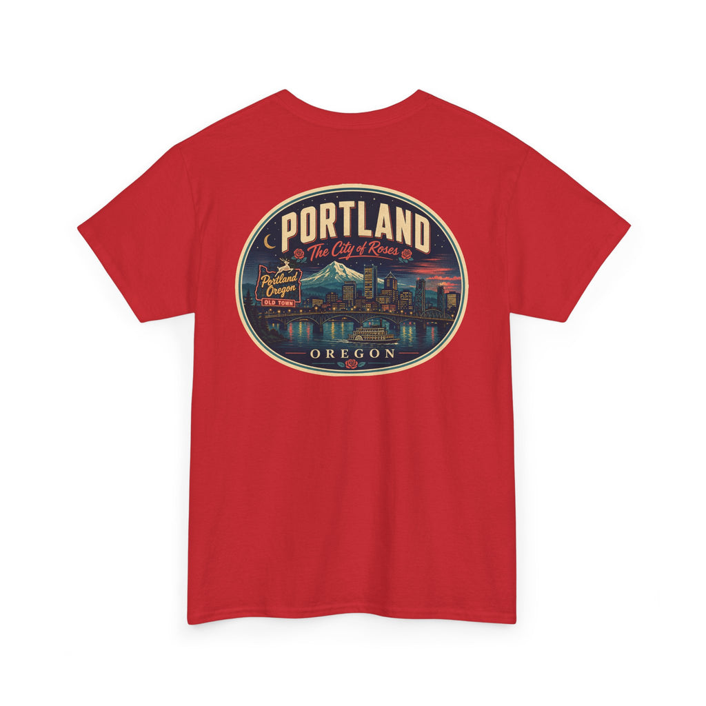 Red T-shirt with Portland Oregon round skyline badge graphic