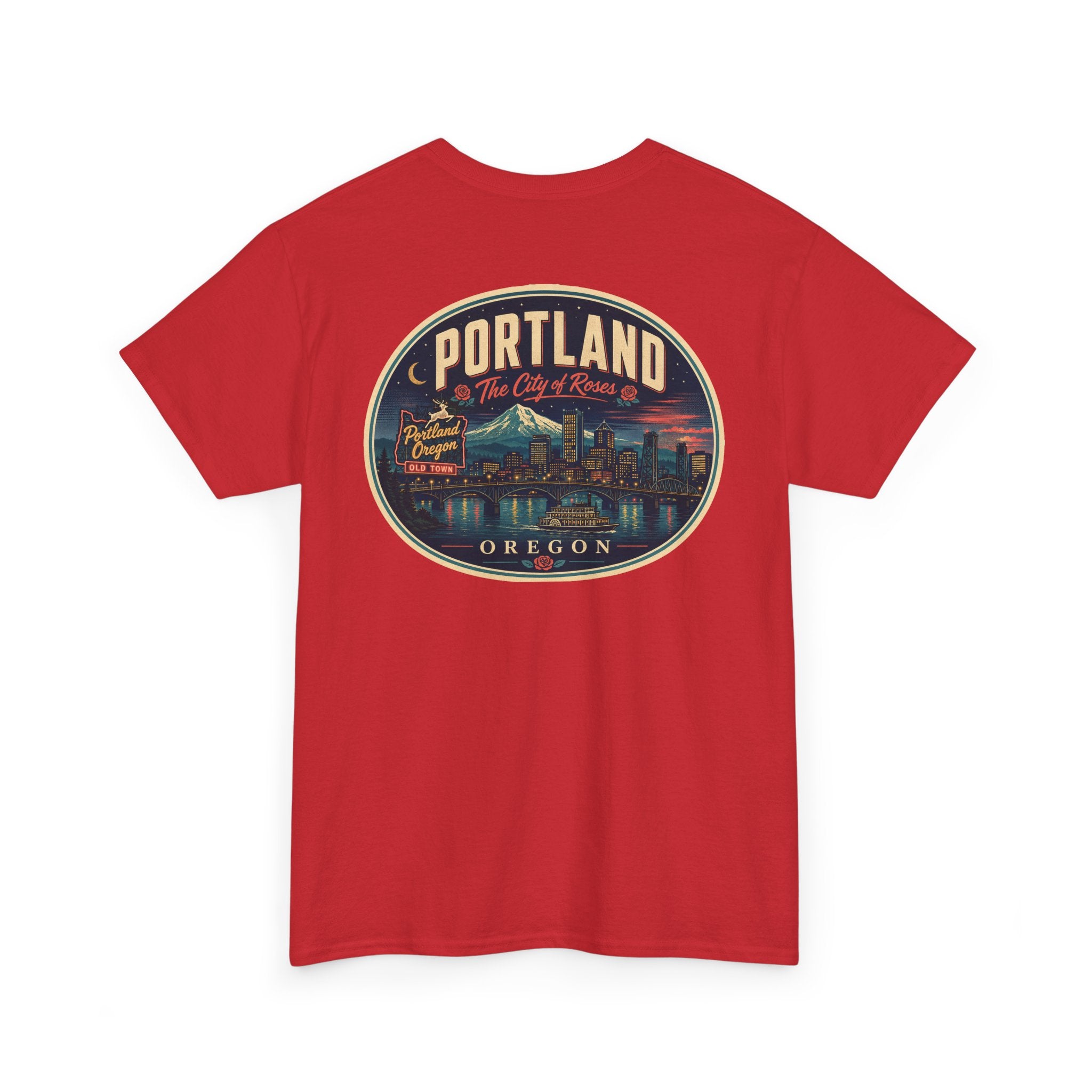 Red T-shirt with Portland Oregon round skyline badge graphic