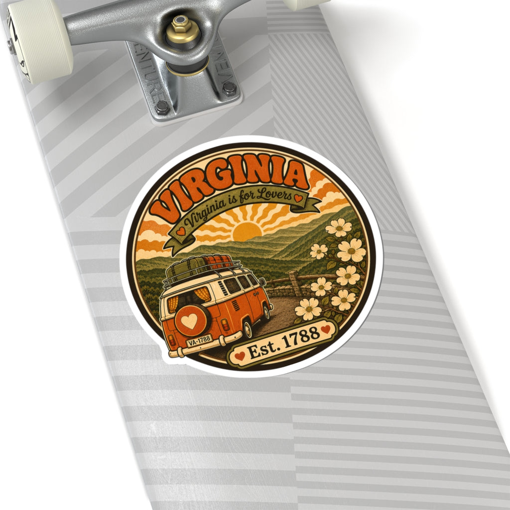 Circular Virginia sticker with orange camper van, scenic landscape, and “Est. 1788”