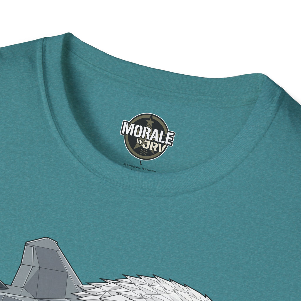 Eagle Fighter Jet T-Shirt close-up neck label Morale by JRI on teal