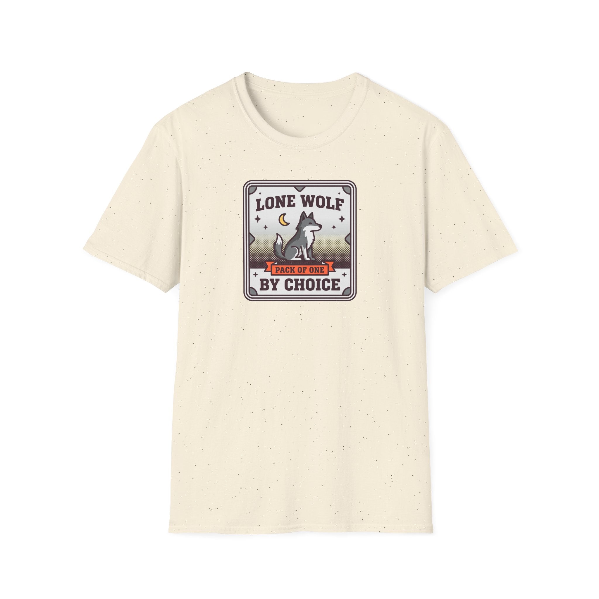 Cream crewneck T-shirt with Lone Wolf badge graphic, short sleeves