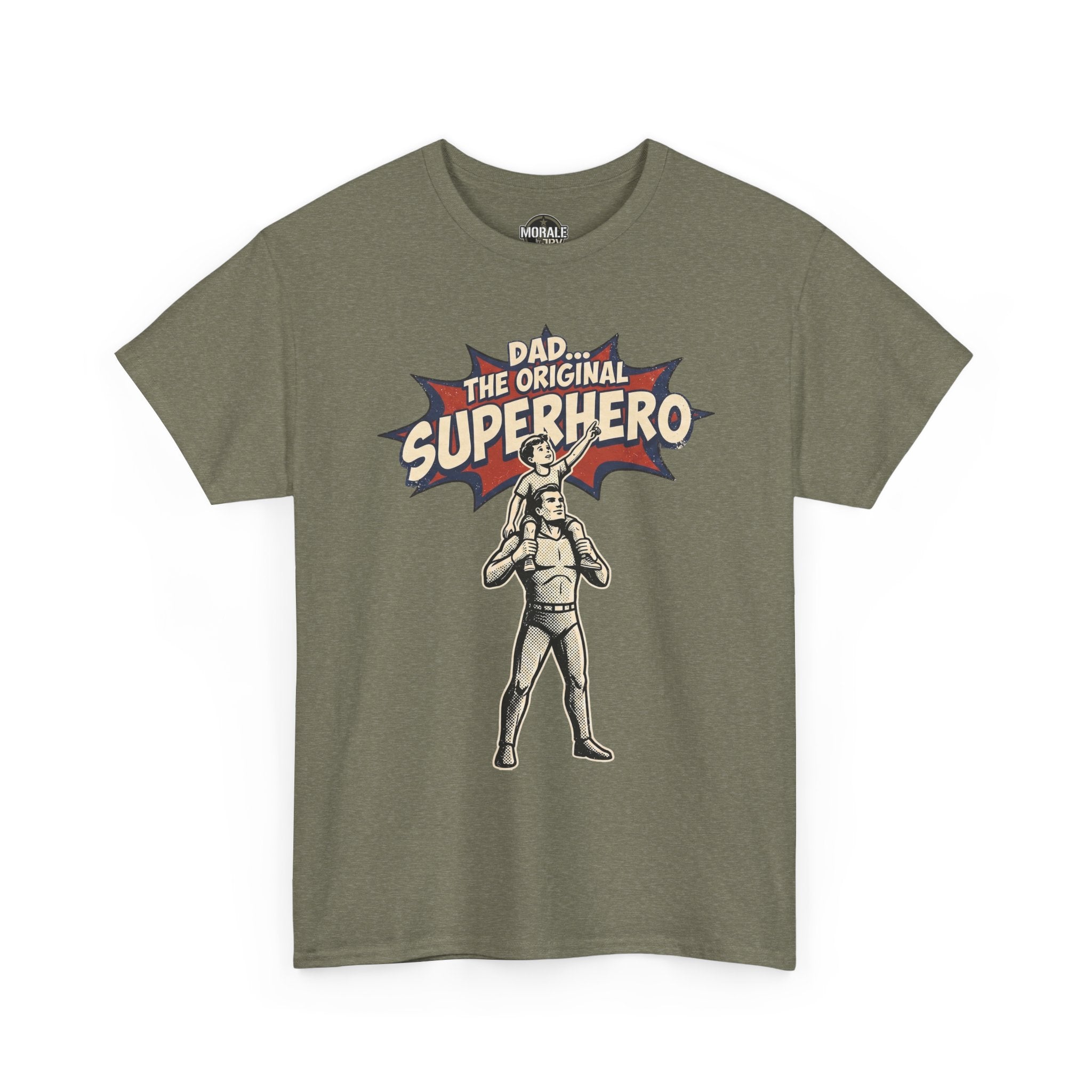 Heather military green crewneck T-shirt with superhero graphic and “DAD” text on front