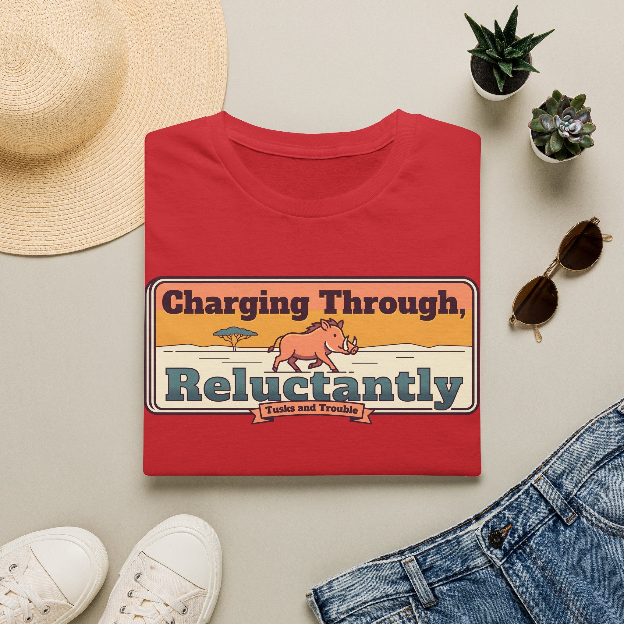 Red graphic T-shirt with cartoon rhino and retro banner-style text print