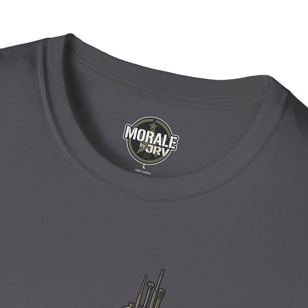 Charcoal T-shirt neckline with small “MORAL” by DRIV logo