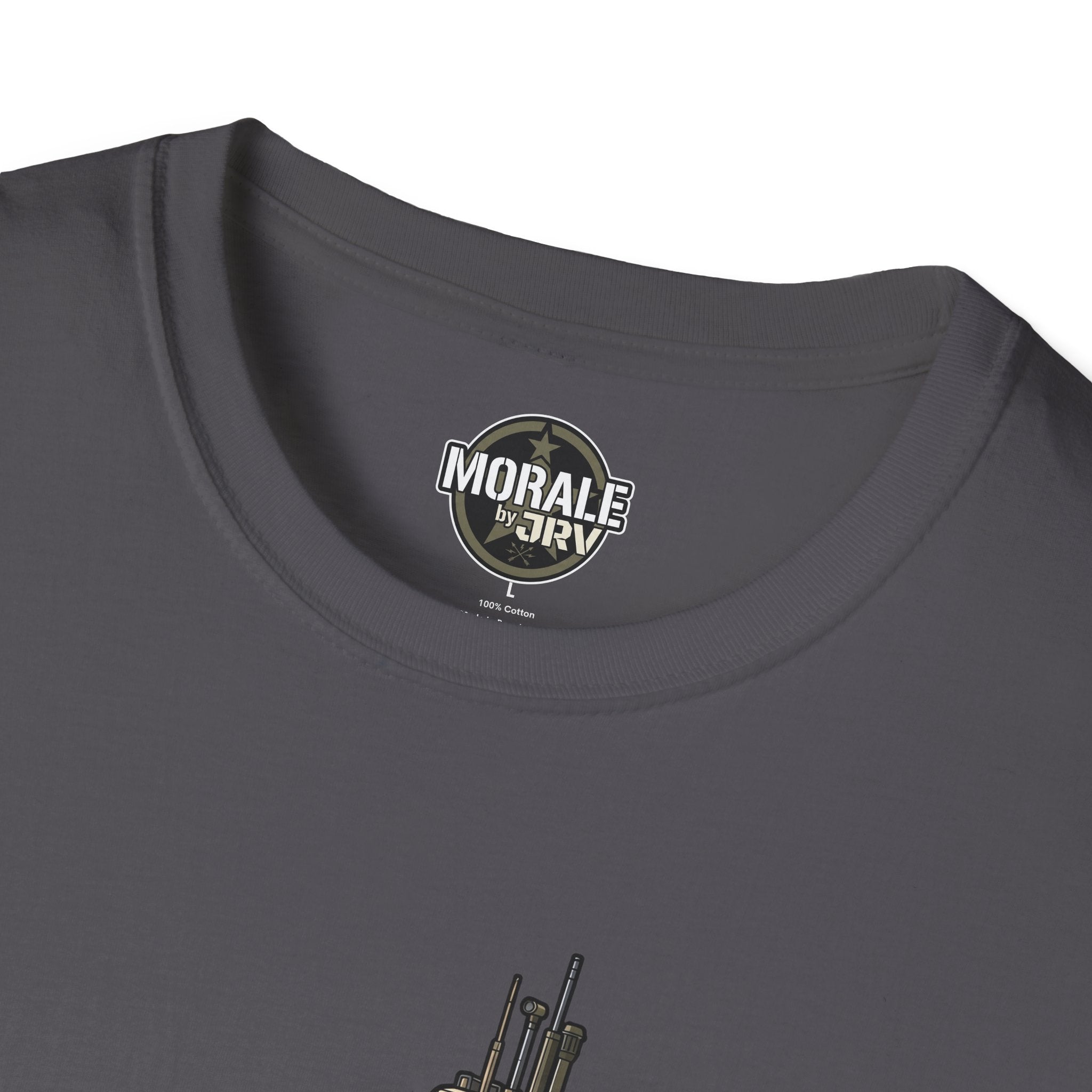 Charcoal T-shirt neckline with small “MORAL” by DRIV logo