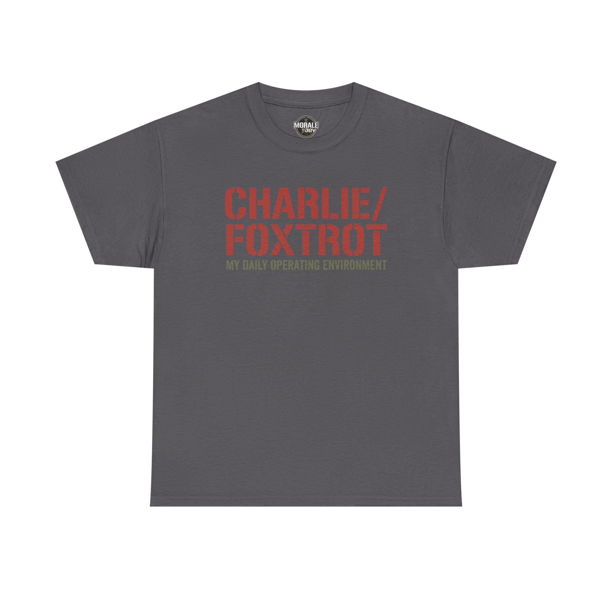Charcoal T-shirt with “CHARLIE/FOXTROT” slogan and “MY DAILY OPERATING ENVIRONMENT” print