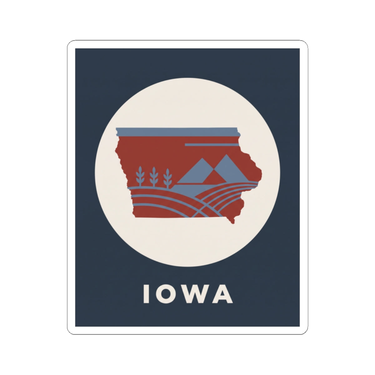 Square kiss-cut sticker with red Iowa map design, blue shapes, and white "IOWA" lettering