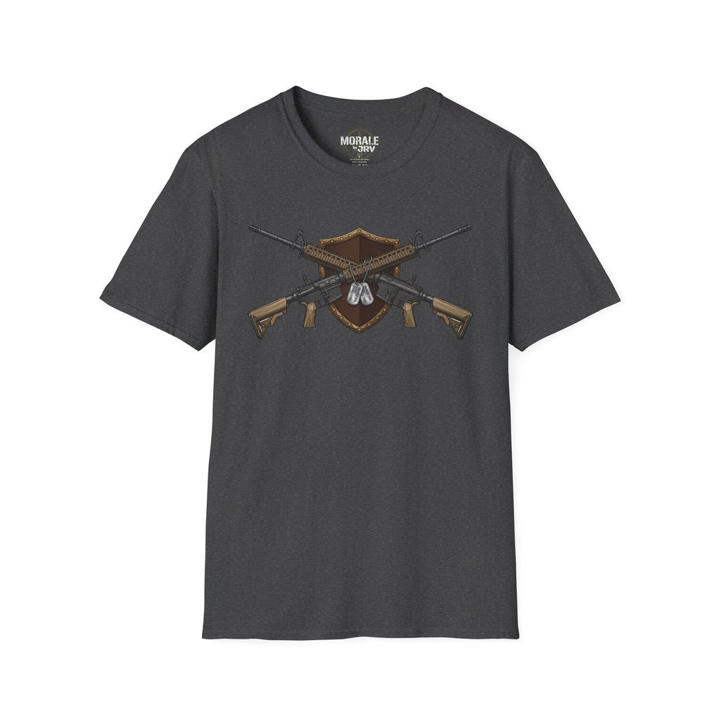 Dark heather T-shirt with crossed rifles shield emblem graphic on front