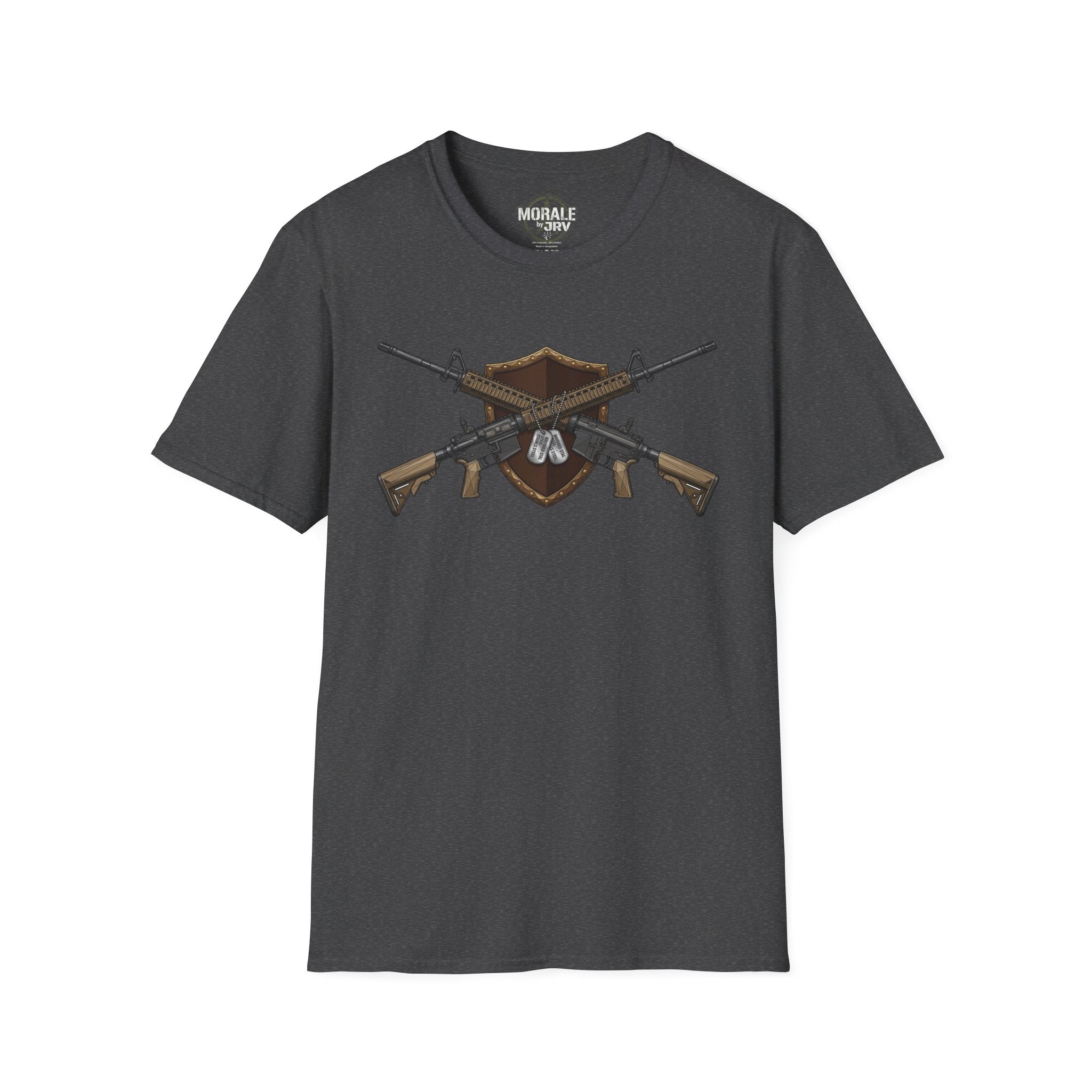 Dark heather T-shirt with crossed rifles shield emblem graphic on front