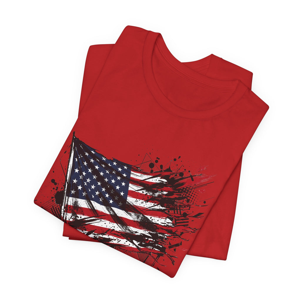 Red T-shirt with distressed American flag graphic on the front