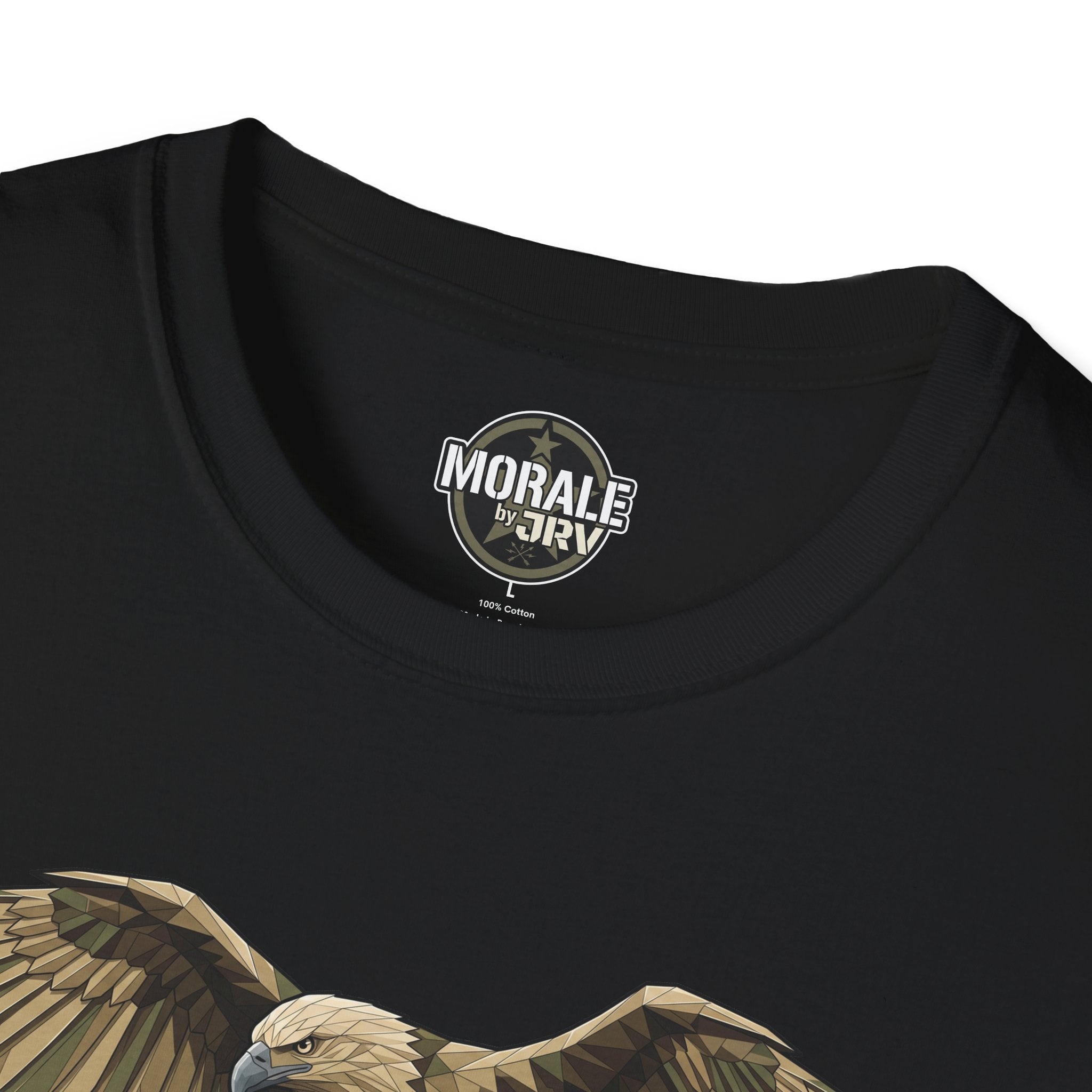 Black crew-neck T-shirt neckline with emblem and top of eagle graphic