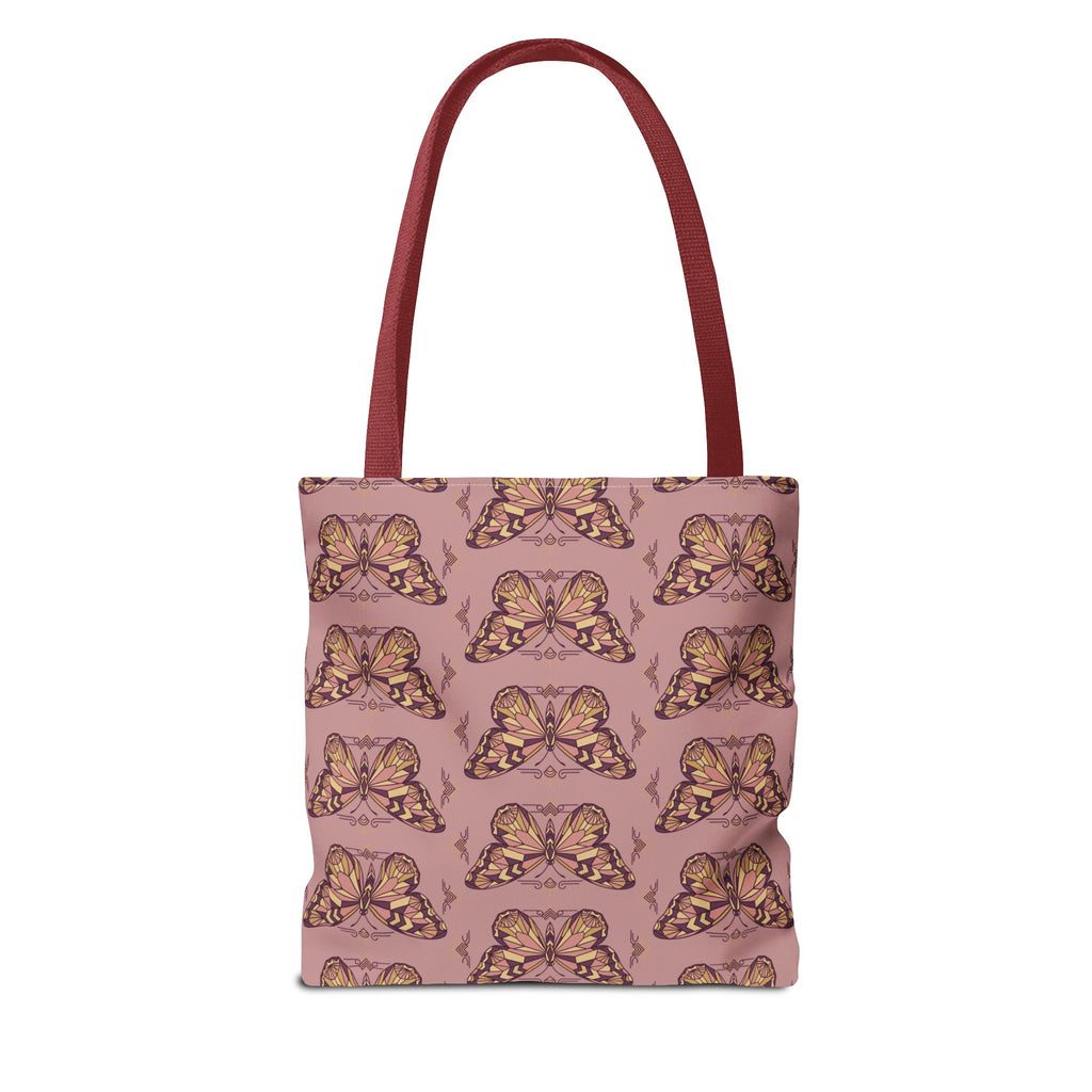 Pink tote bag with vintage butterfly pattern and red top handles
