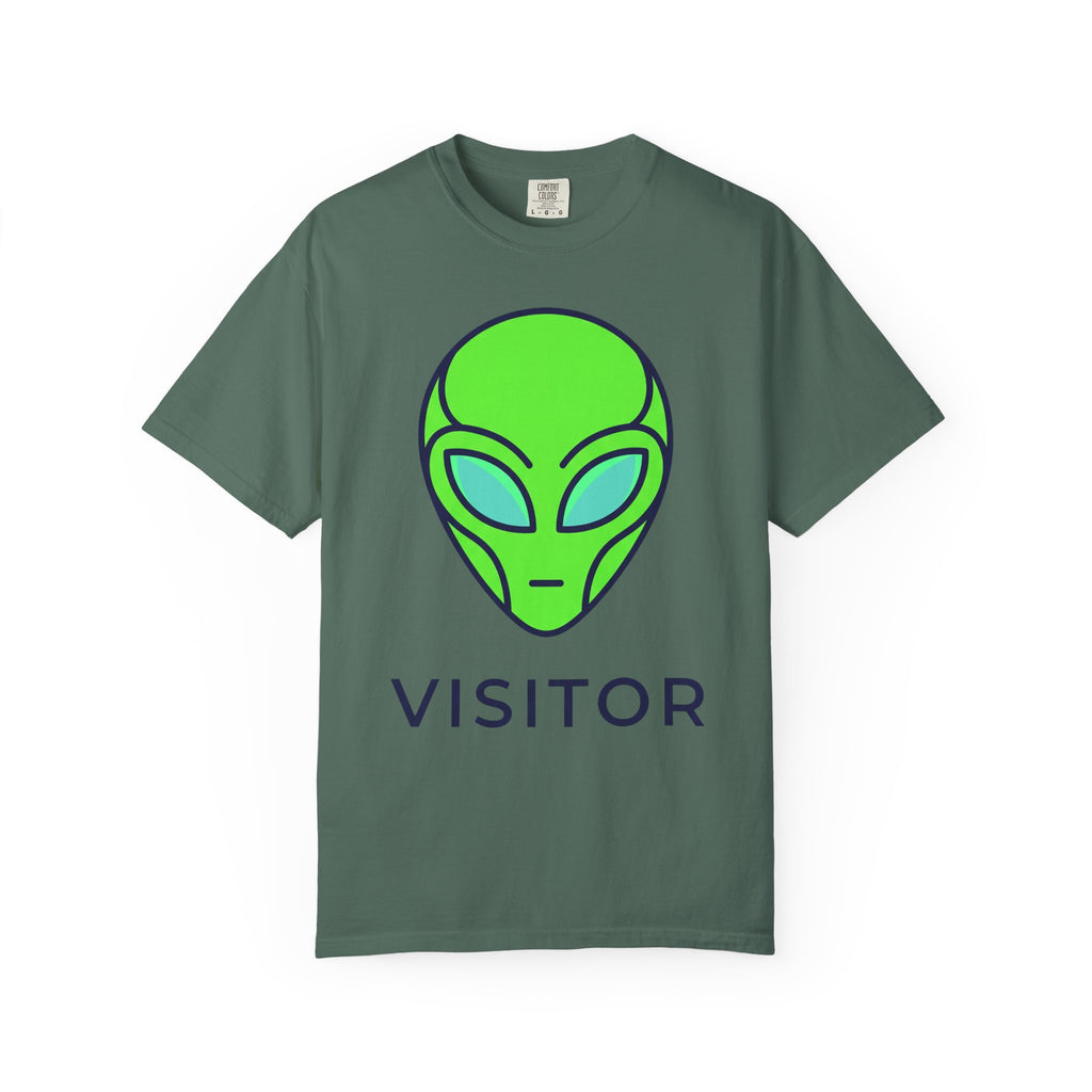Green T-shirt with neon green alien head graphic and word VISITOR