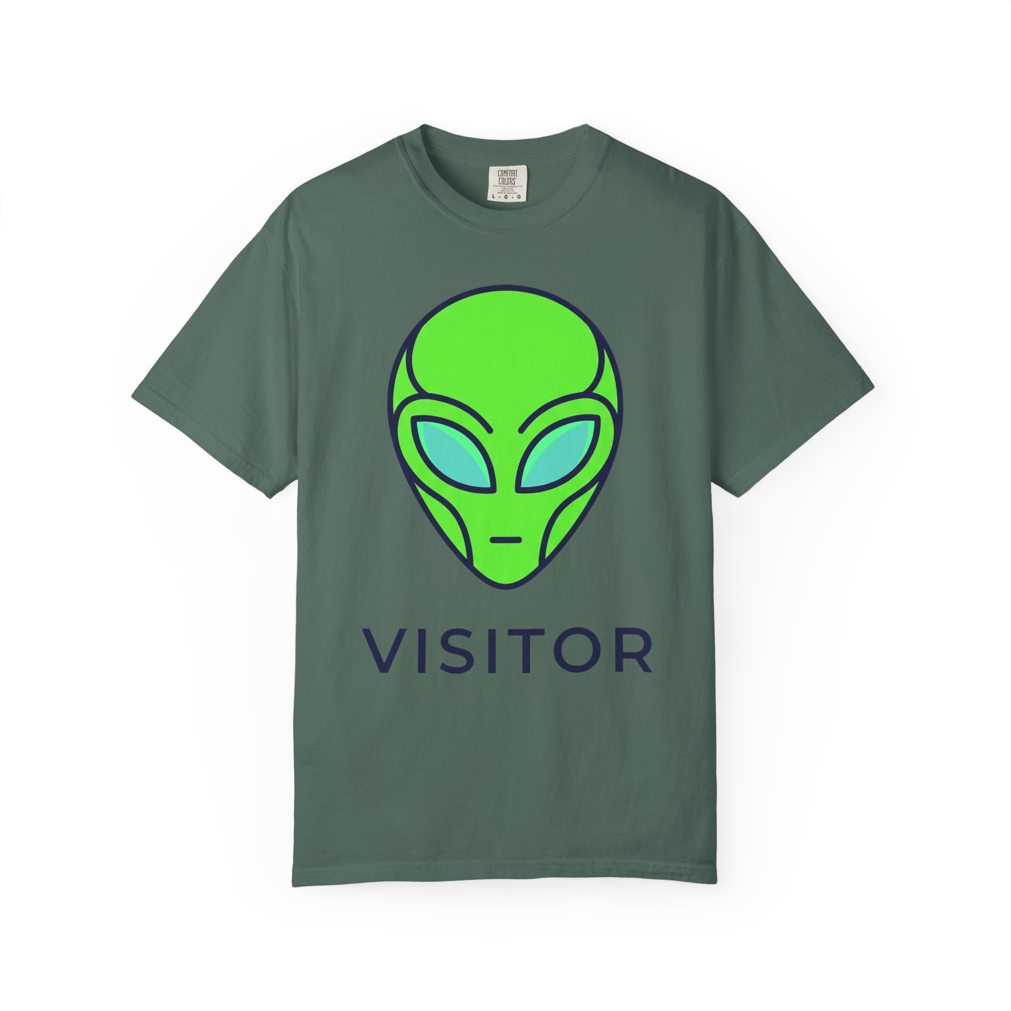 Green T-shirt with neon green alien head graphic and word VISITOR