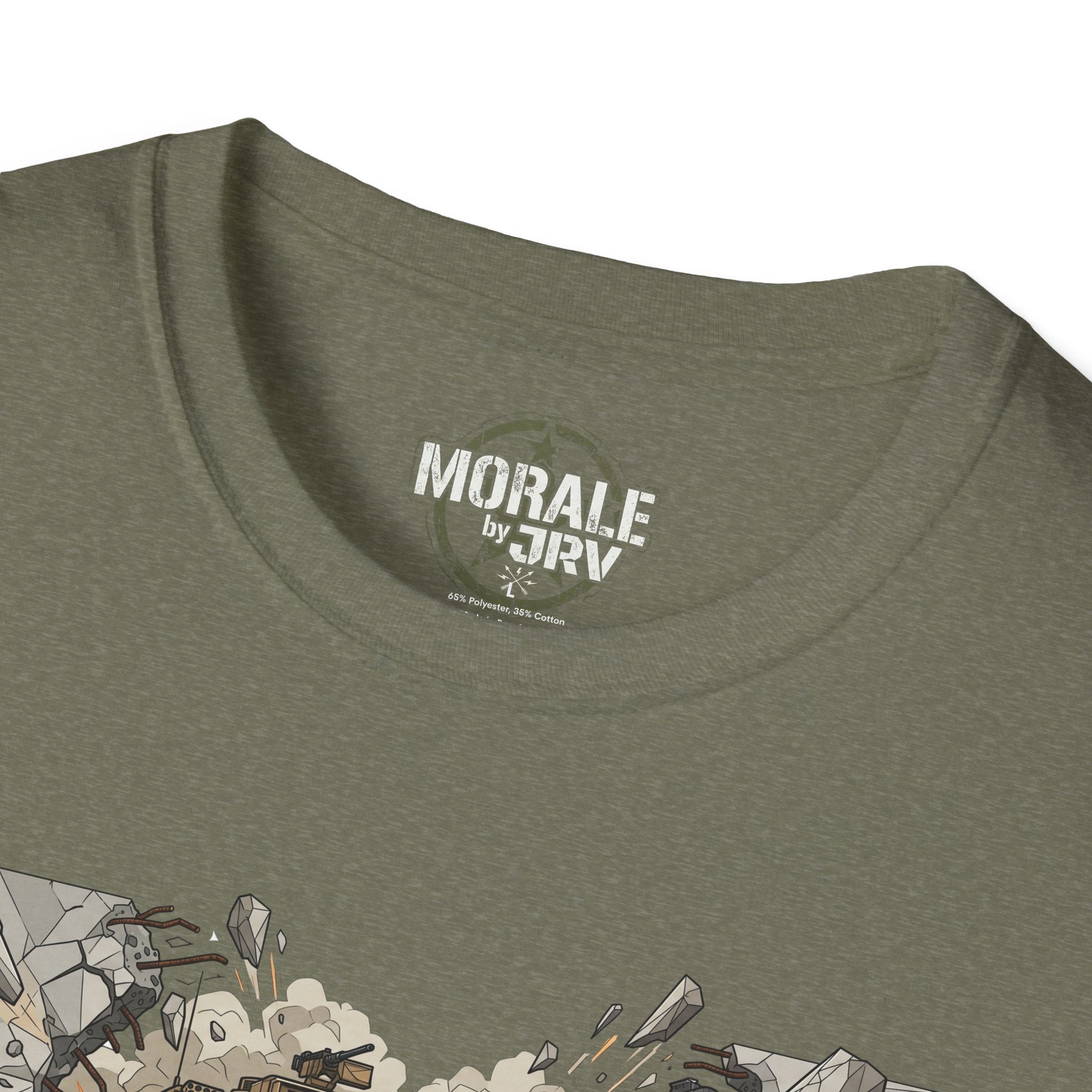 Olive crewneck with “MORALE by TRV” neck print and partial graphic