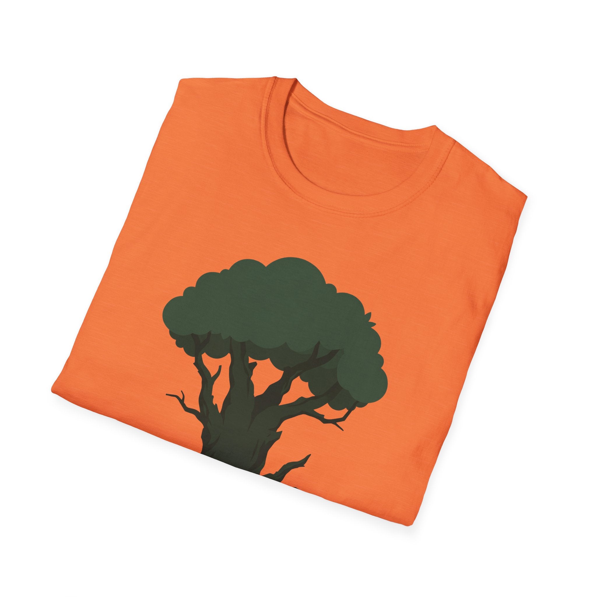 Orange crewneck T-shirt with large green tree silhouette graphic on the front