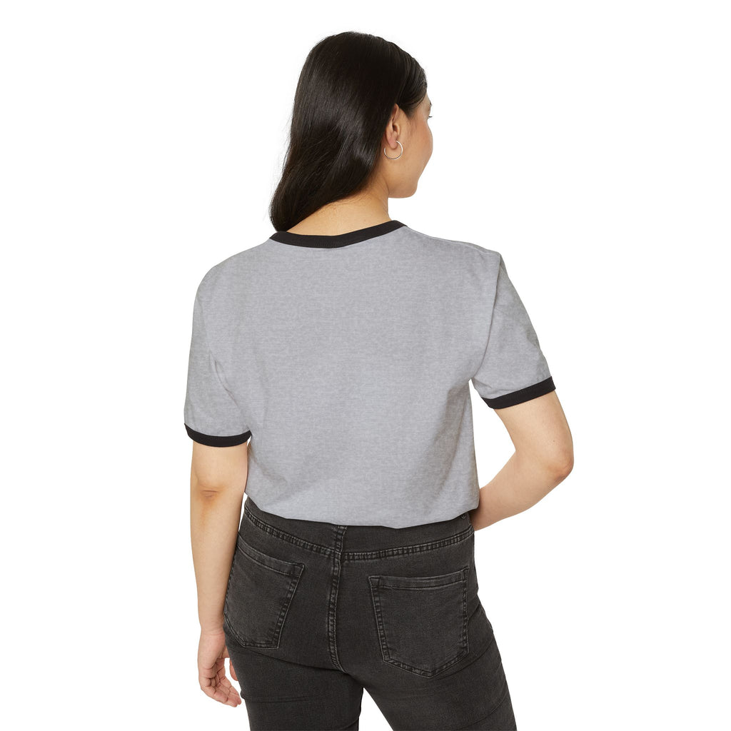 Model in heather grey ringer T-shirt back view with black trim