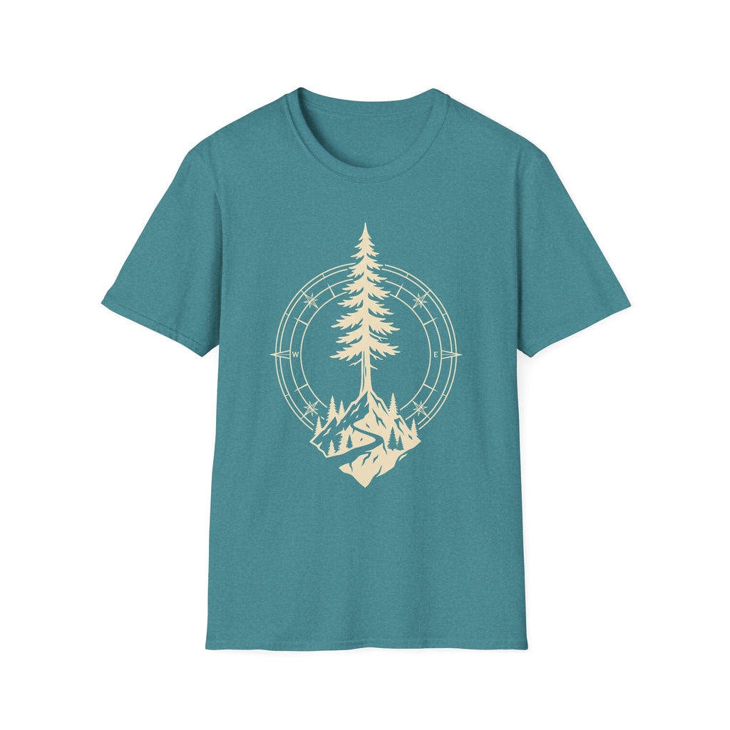 Teal T-shirt with pine tree compass graphic in light yellow-gold, crew neck
