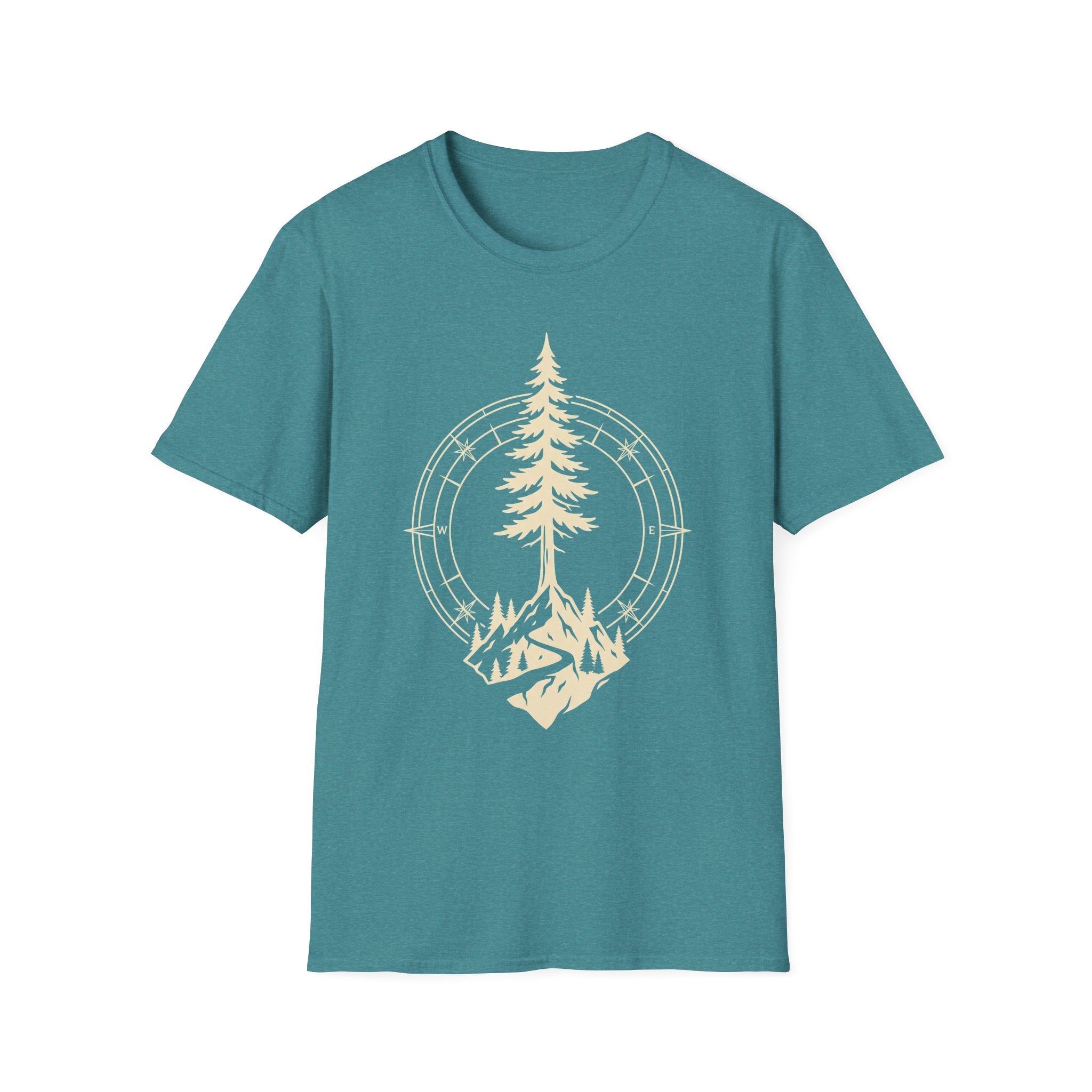 Teal T-shirt with pine tree compass graphic in light yellow-gold, crew neck
