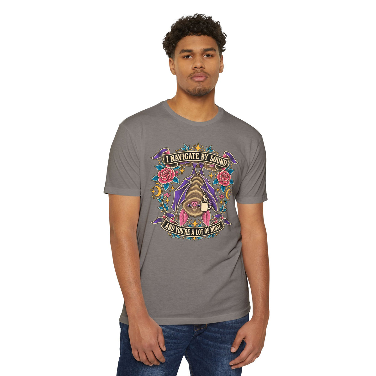 Dark gray crewneck T-shirt with colorful gothic cat graphic on chest