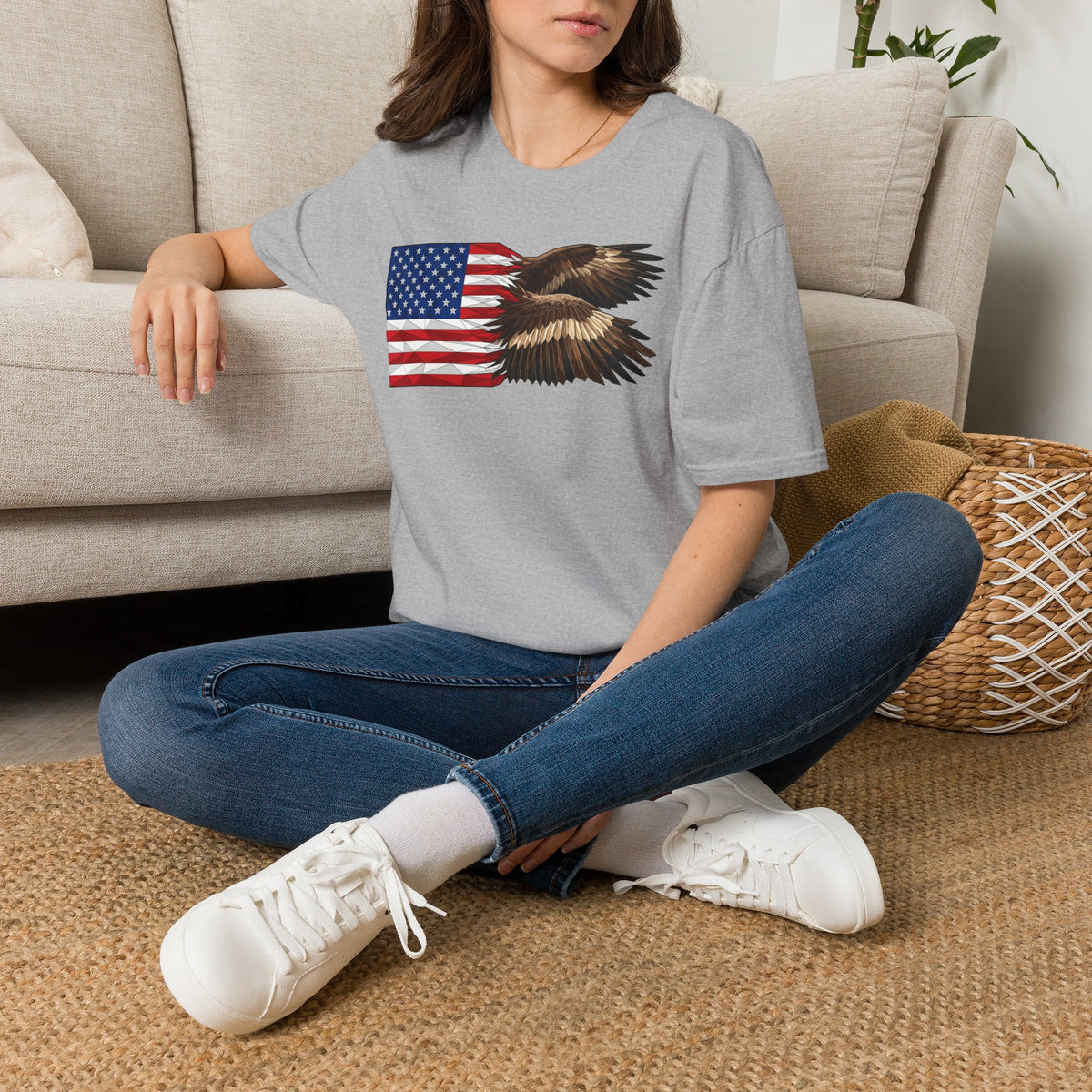 Heather gray crew-neck t-shirt featuring American flag and flying bald eagle.