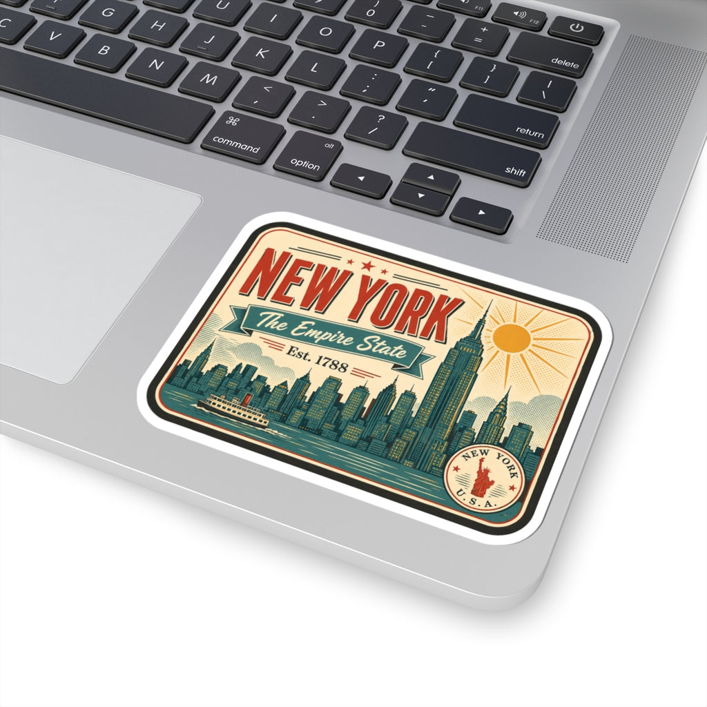Rectangular New York skyline decal with Empire State print, shown on laptop