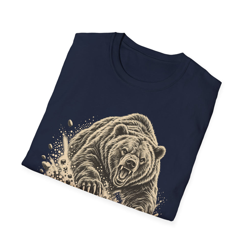 Navy short-sleeve T-shirt with vintage bear face graphic and splash accents.