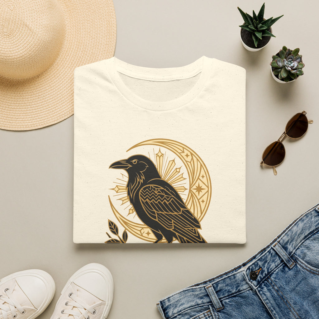 Cream raven graphic T-shirt with gold crescent moon and Nevermore emblem