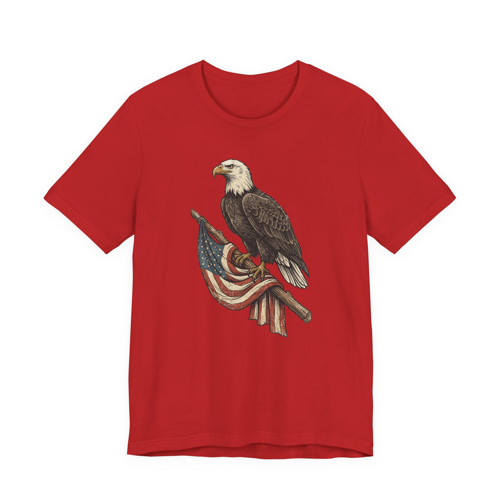 Red crewneck t-shirt with vintage eagle and American flag graphic on front