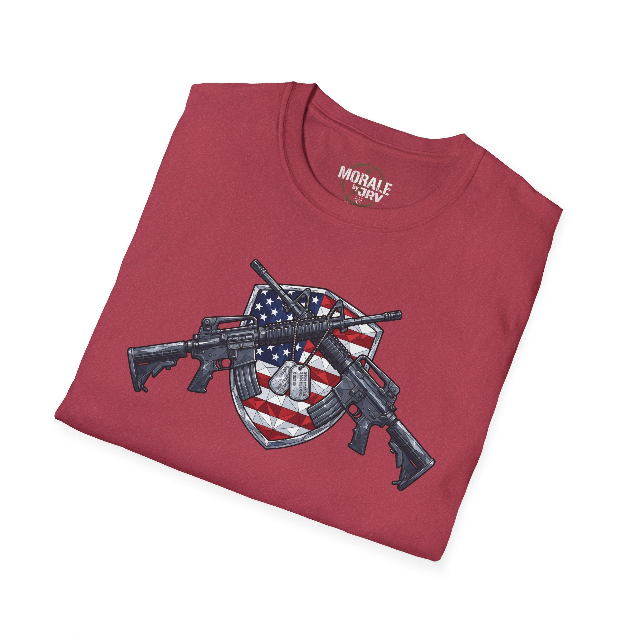 Maroones T-Shirt mit US-Flaggen-Schutzschild, Gewehren und Totenkopf-Motiv