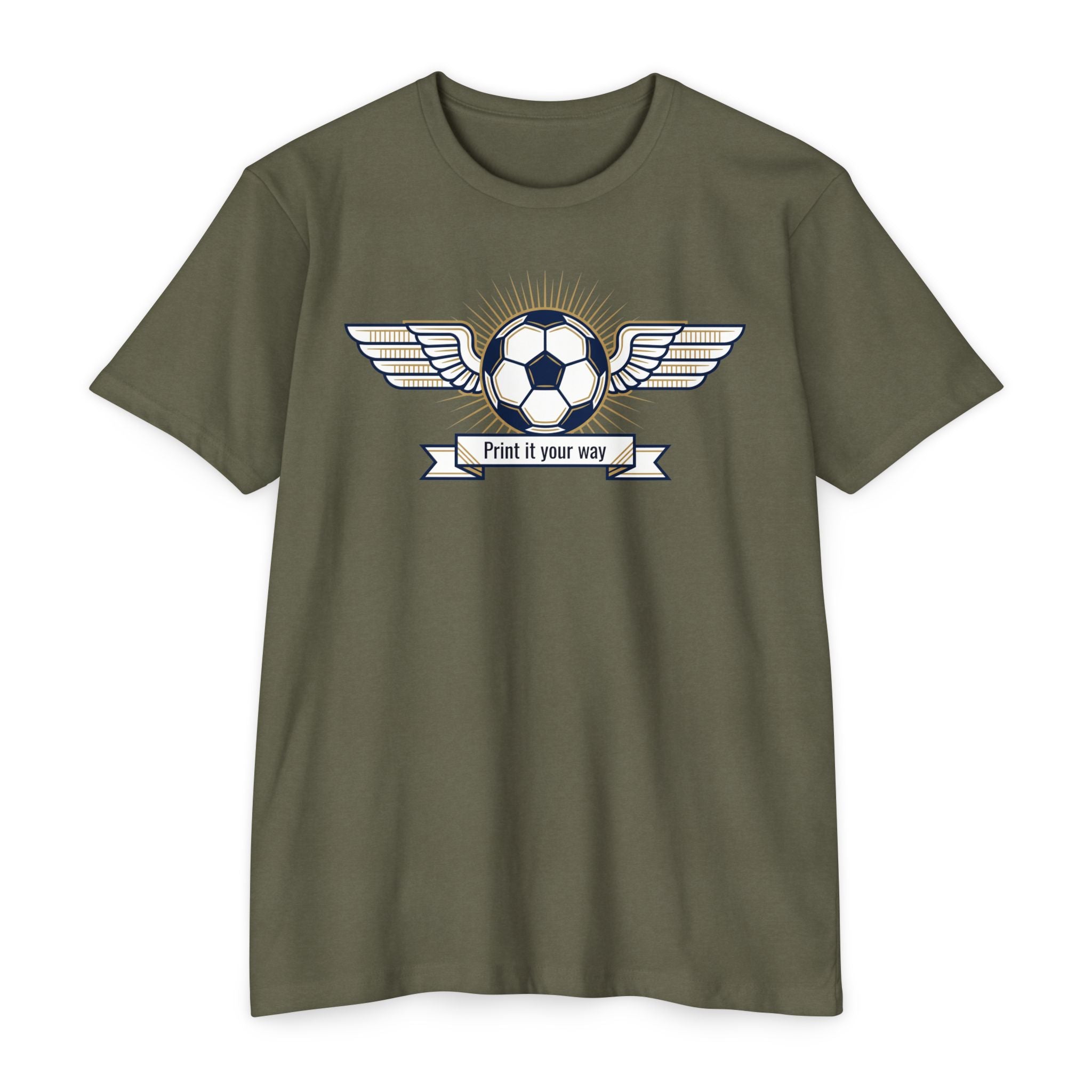 Olive green soccer T-shirt with winged ball emblem and banner graphic