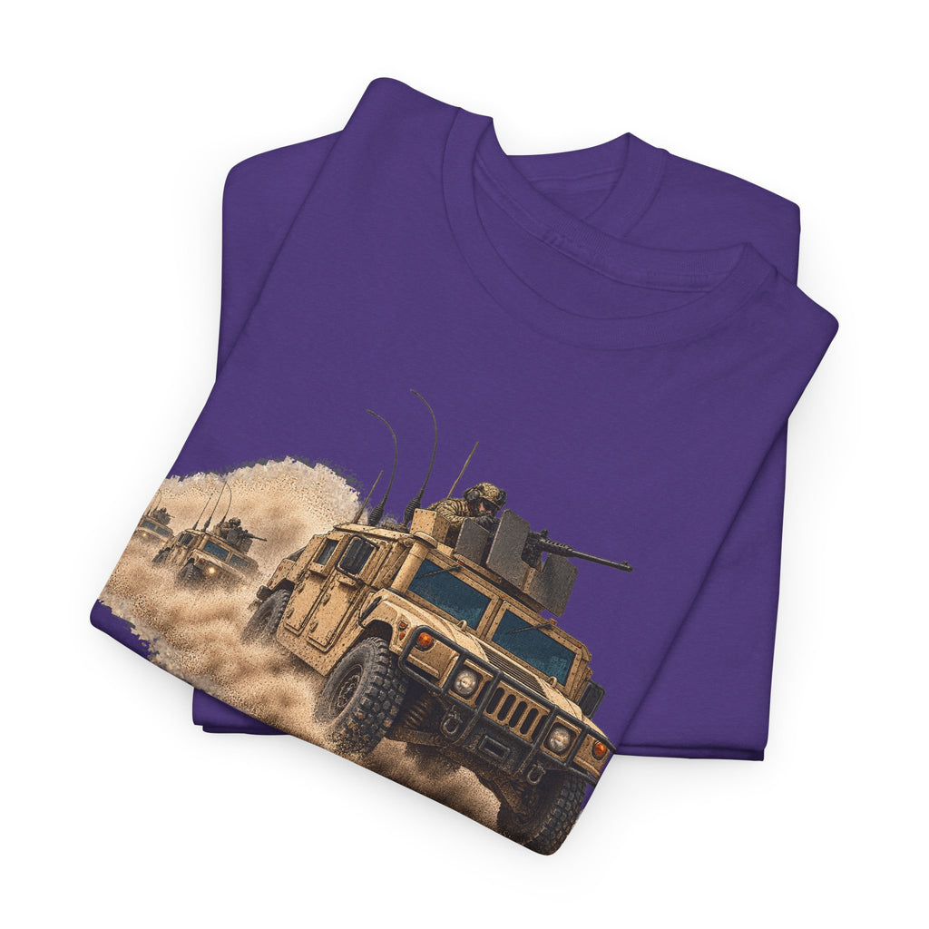 Purple crewneck t-shirt with armored vehicle graphic on front