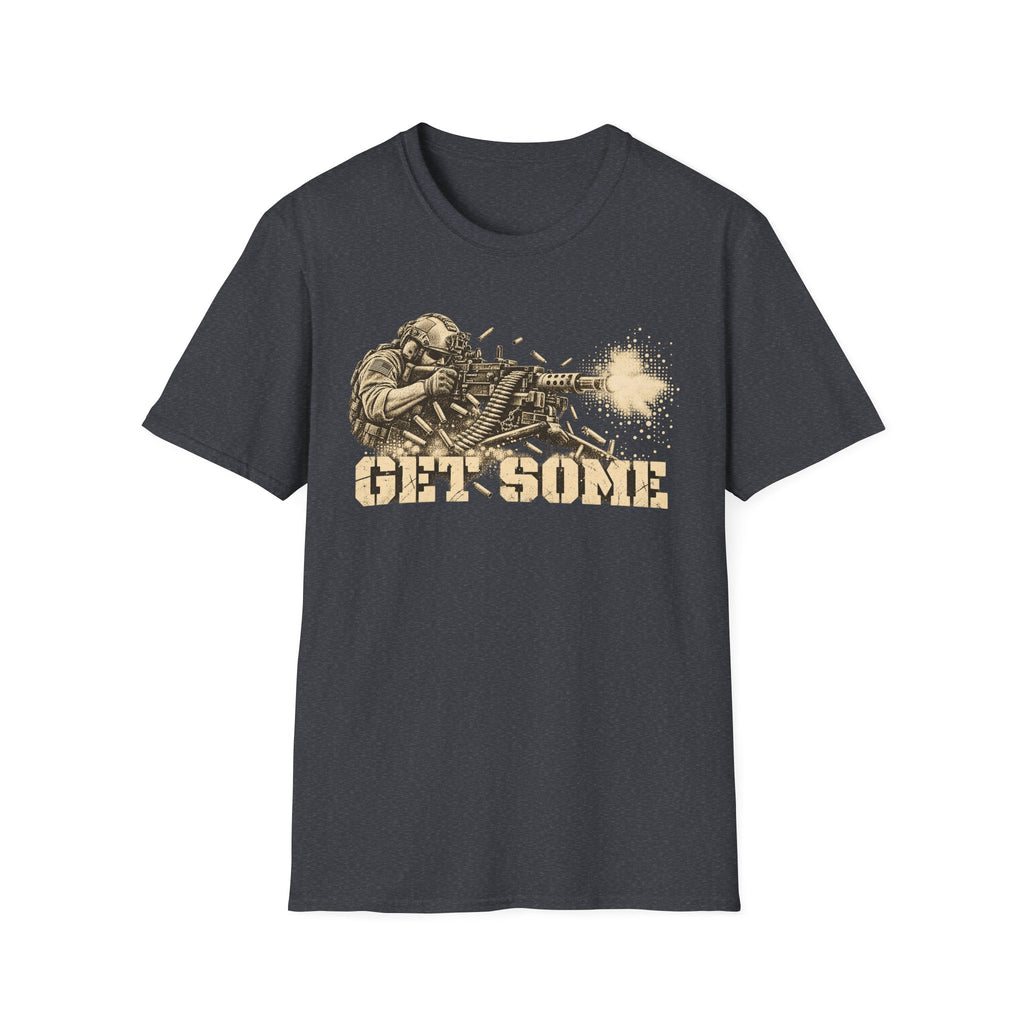 Dark gray crewneck graphic T-shirt with vintage soldier and gun print