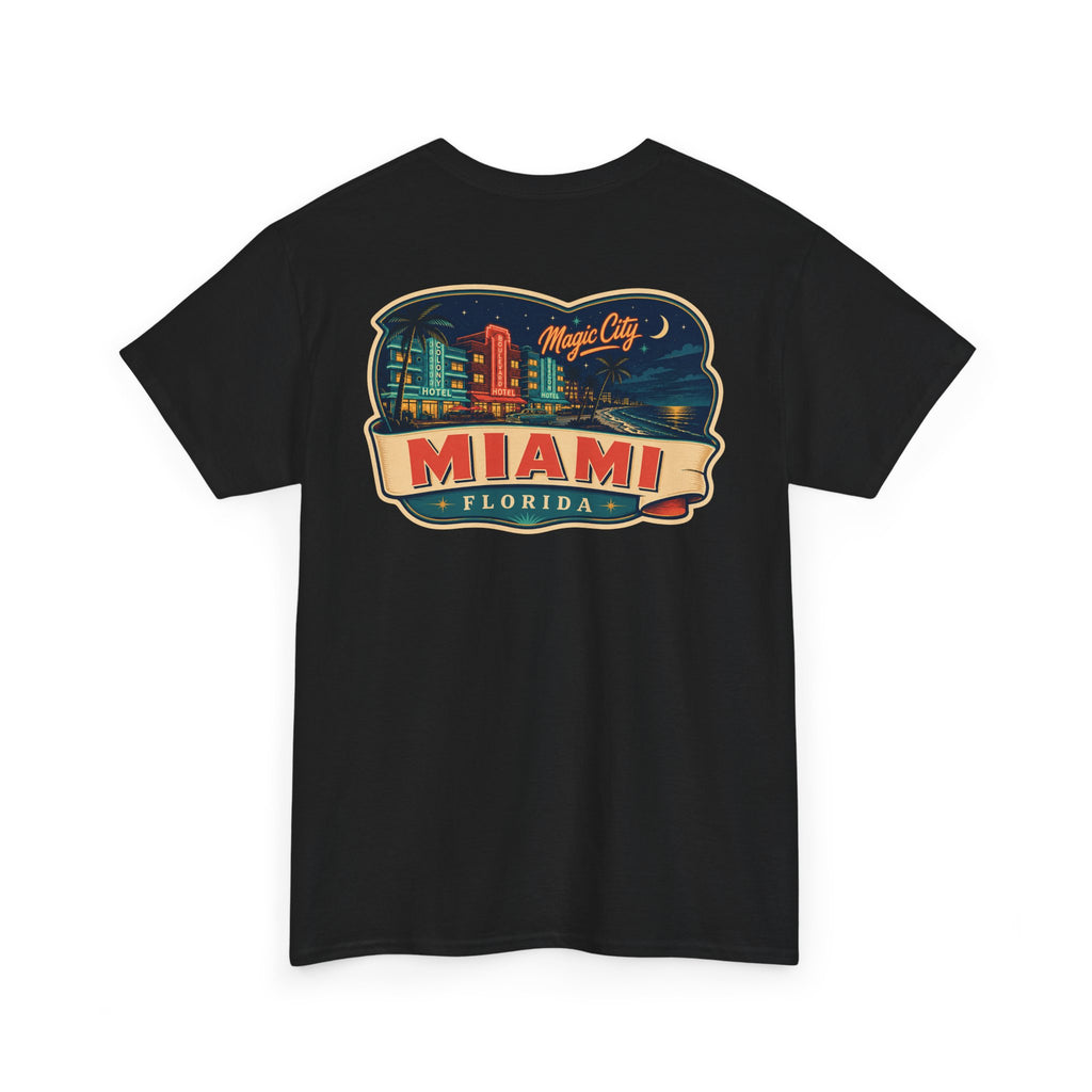 Black T-shirt with Miami luggage tag graphic on the chest