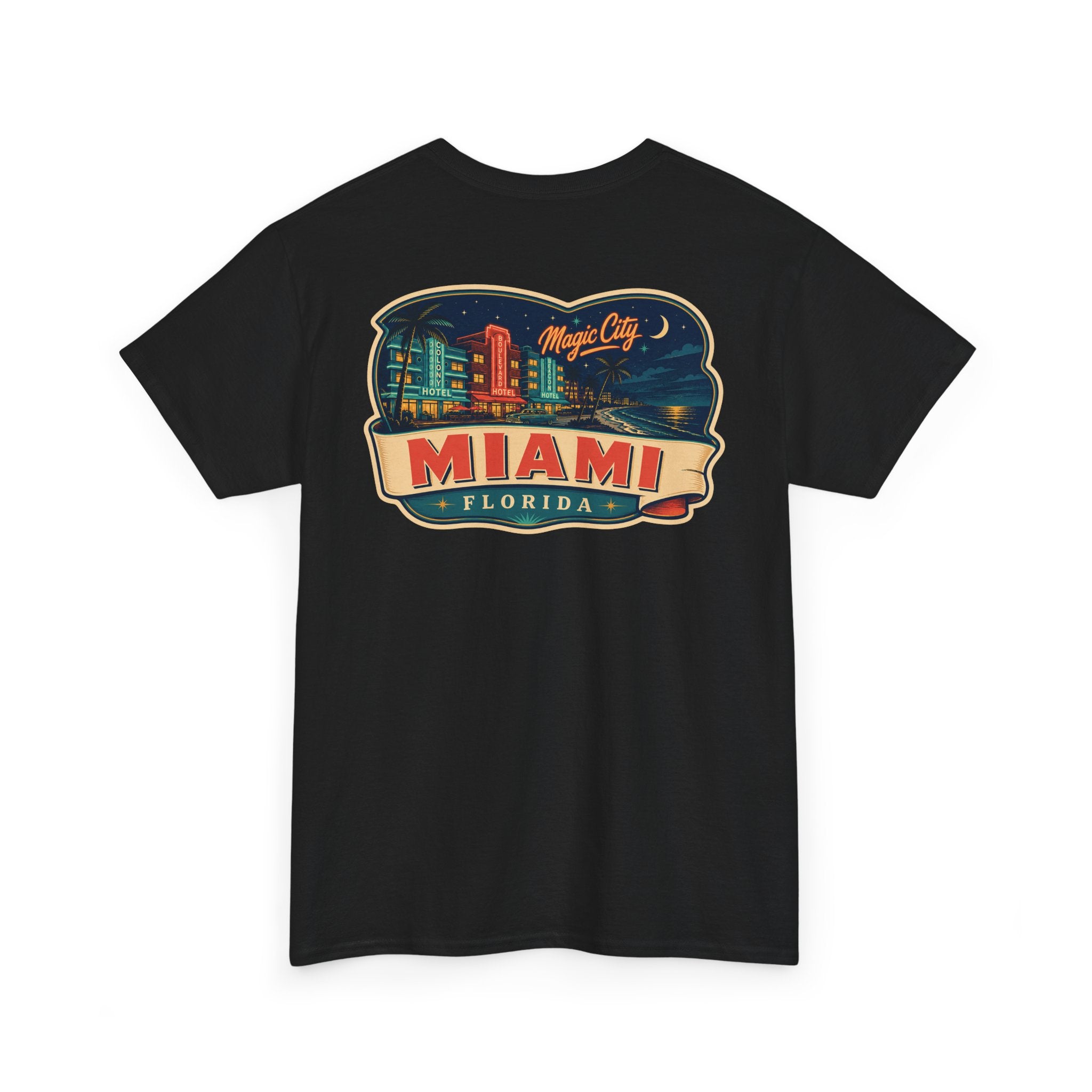 Black T-shirt with Miami luggage tag graphic on the chest