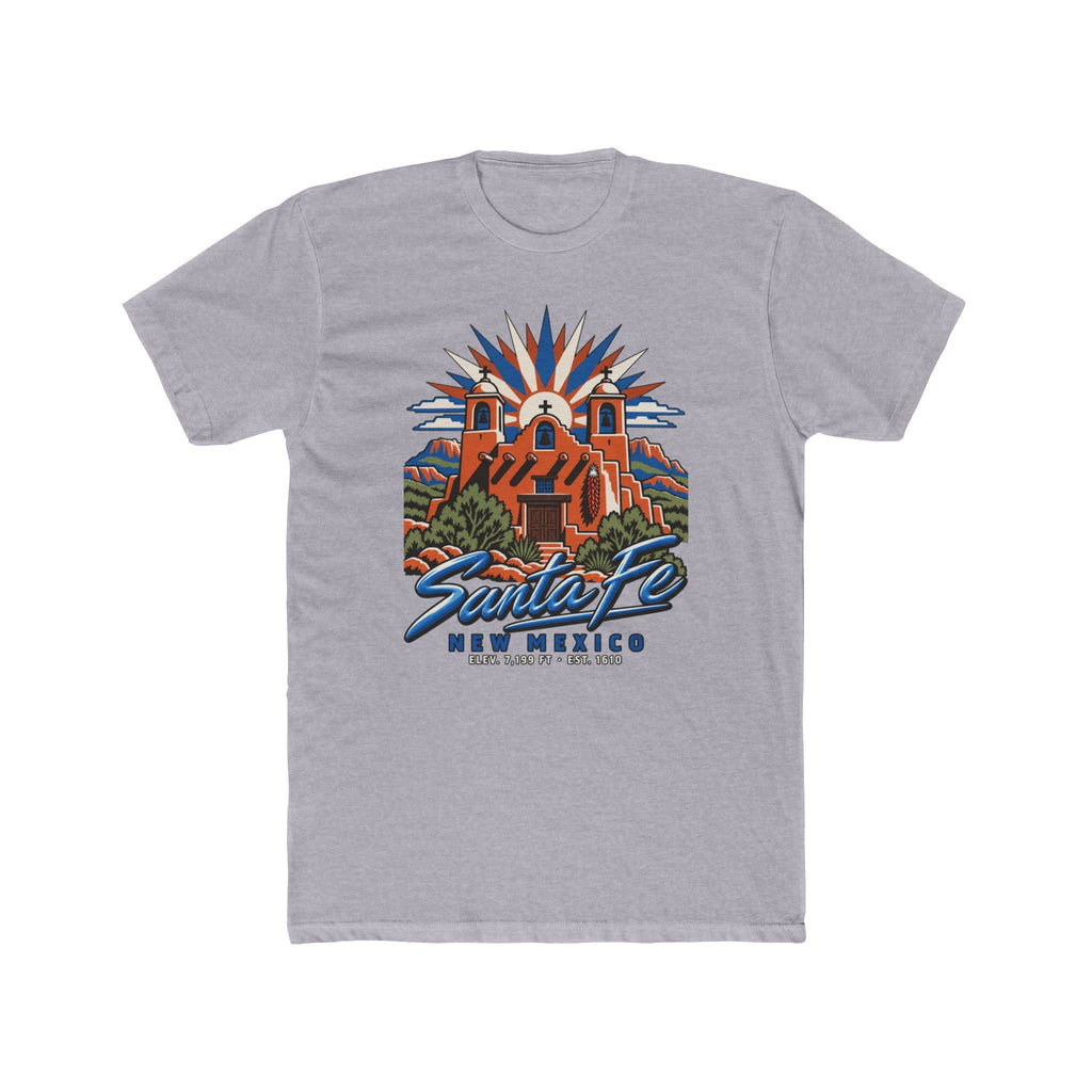 Heather gray t-shirt with Santa Fe New Mexico pueblo illustration graphic