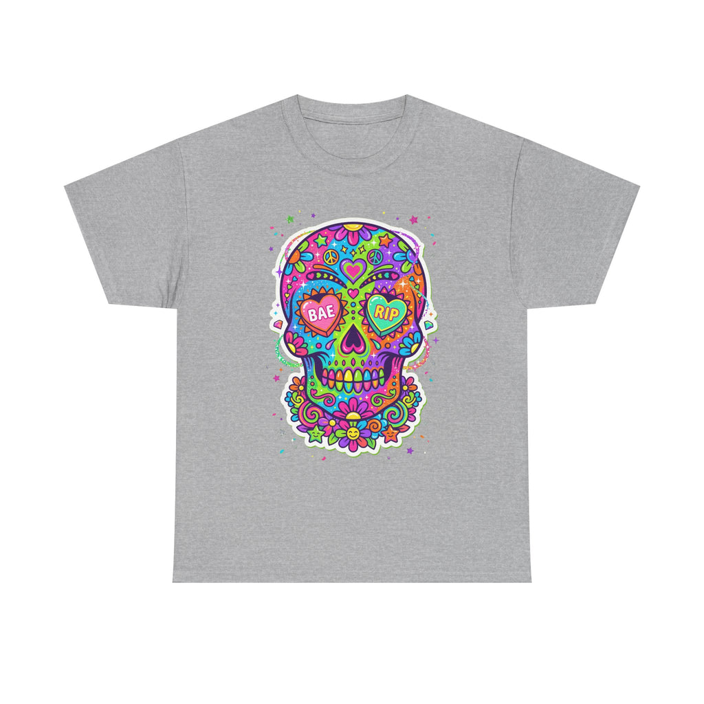 Sport grey T-shirt with colorful sugar skull art, BAE & RIP heart eyes