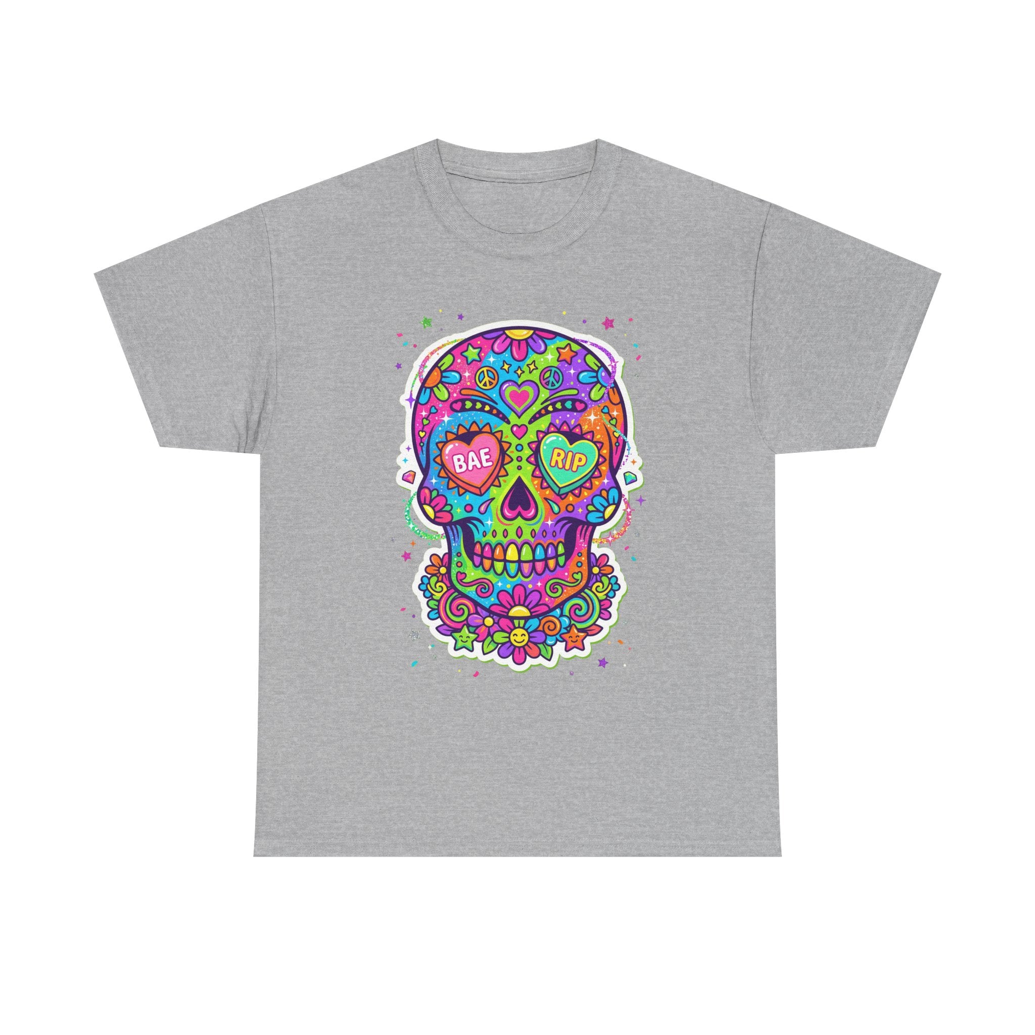 Sport grey T-shirt with colorful sugar skull art, BAE & RIP heart eyes