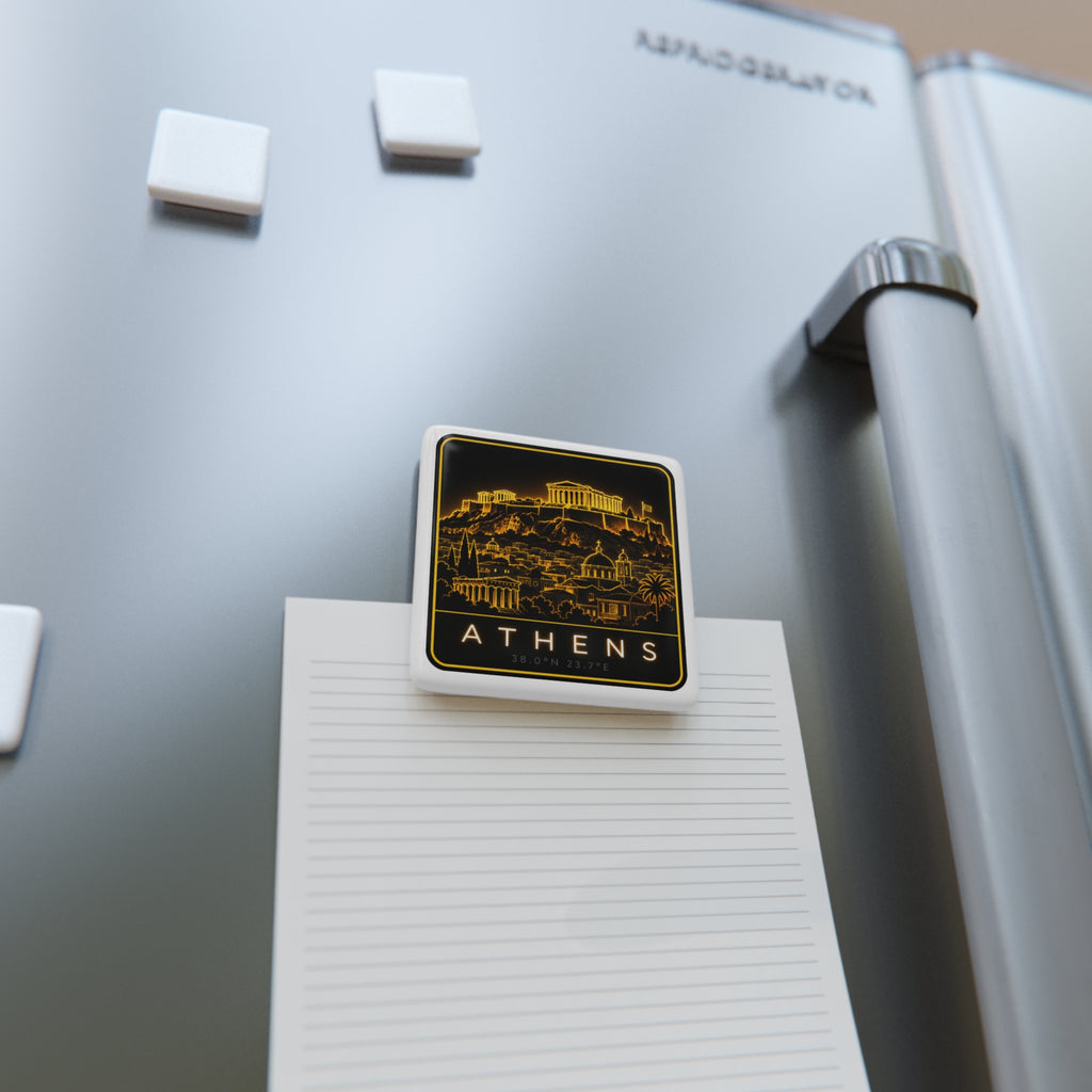 Square porcelain magnet with gold Athens skyline and 'ATHENS' on a paper note
