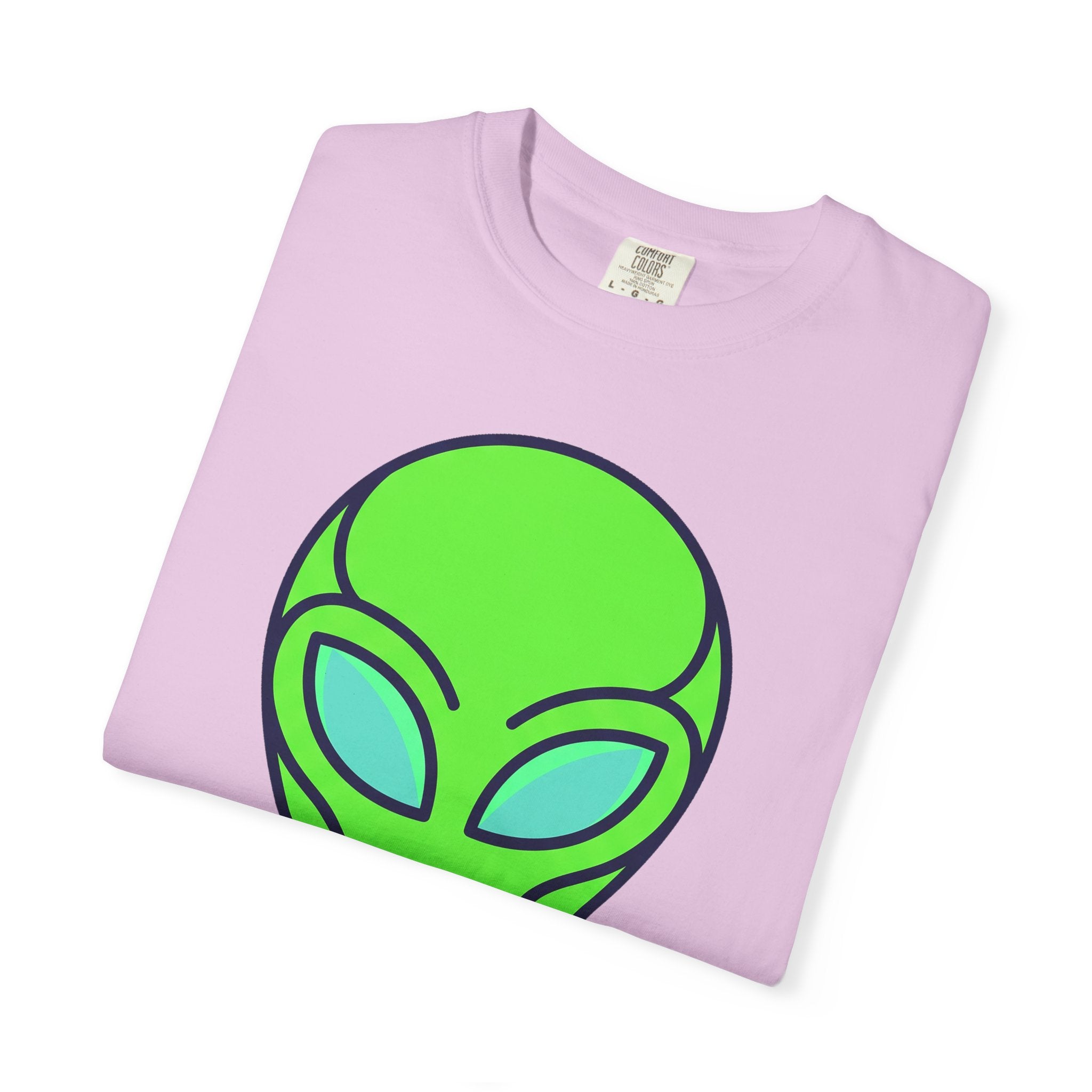Light pink crew-neck T-shirt with large green alien face graphic, short sleeves