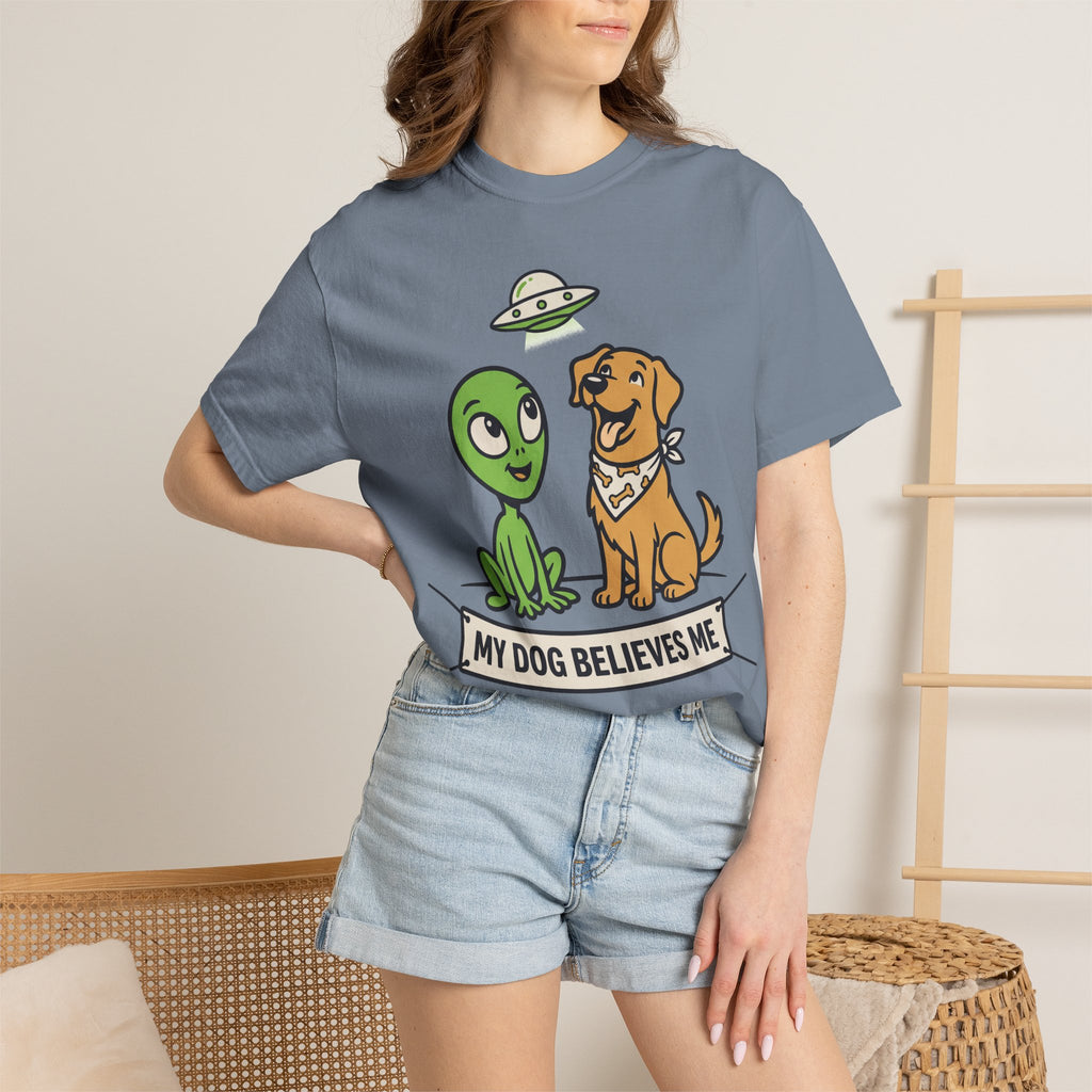 Alien and dog graphic t-shirt on model, slate blue crew neck short sleeves