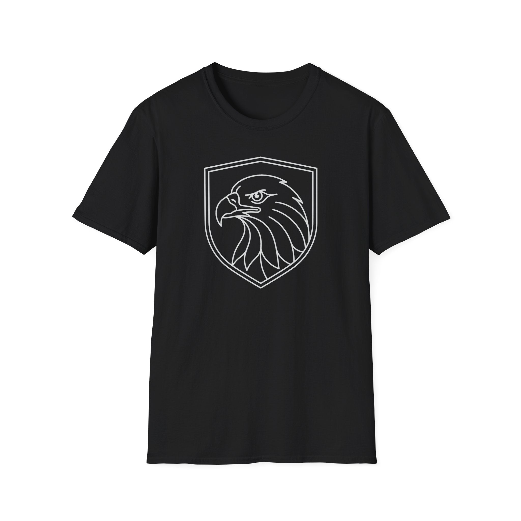 Black T-shirt with outlined shield eagle head graphic on the front.
