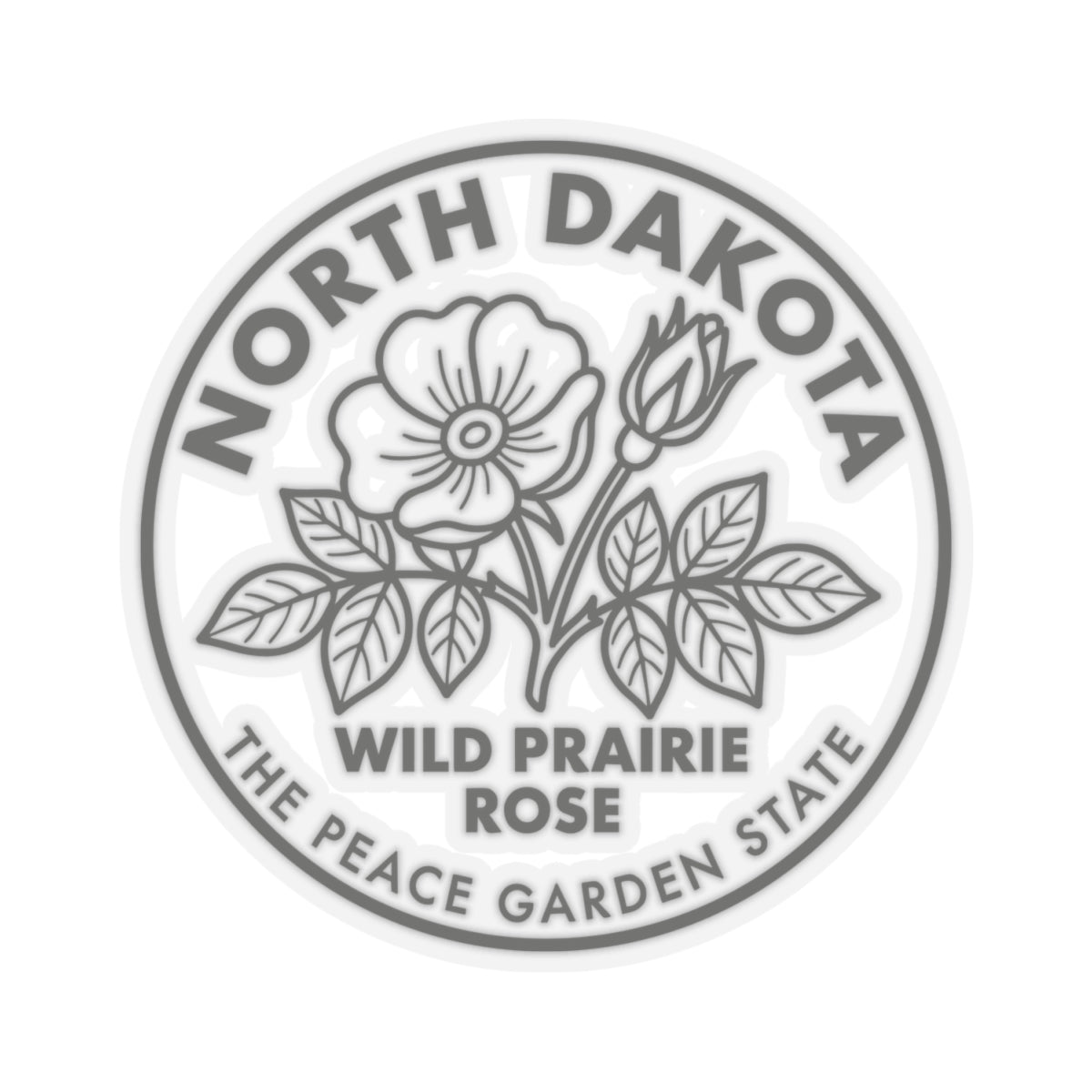 Transparent vinyl sticker featuring a round wild prairie rose emblem with leaf details