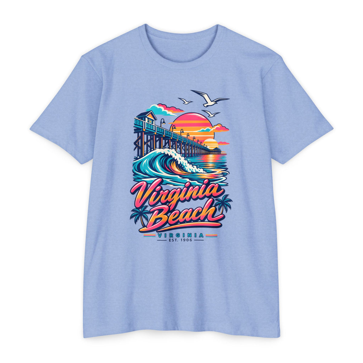 Light blue t-shirt with Virginia Beach pier wave graphic and seagulls, colorful print