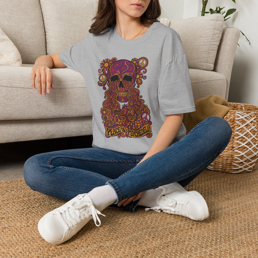 Heather gray graphic T-shirt with colorful psychedelic skull front print