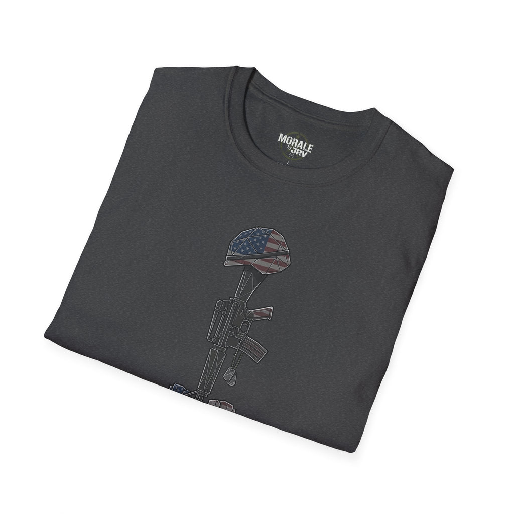 Dark heather t-shirt with patriotic rifle and shield graphic