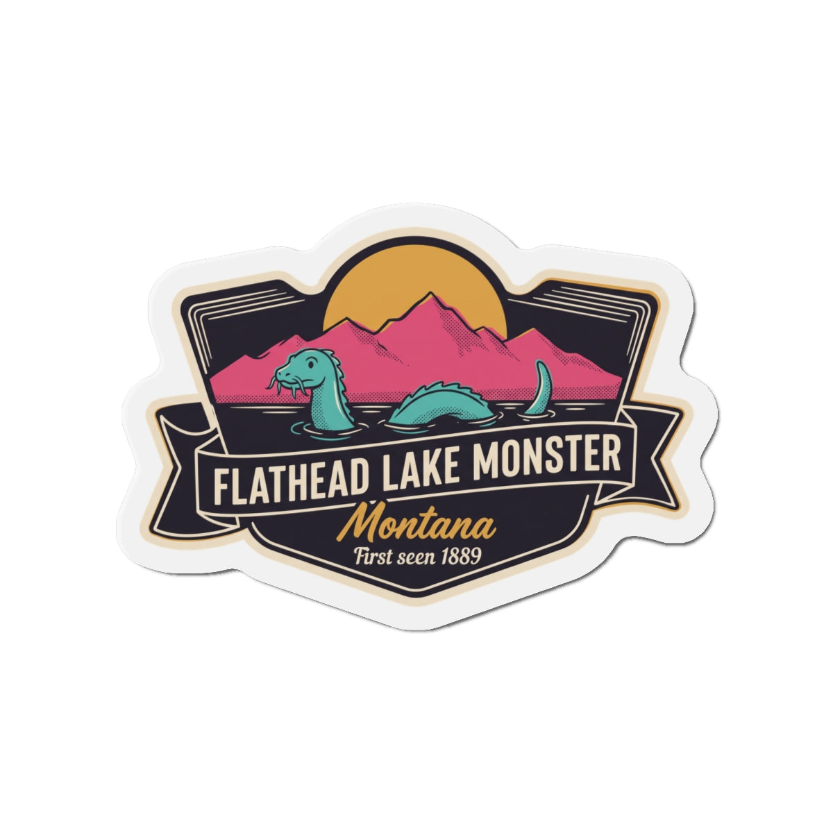 Die-cut magnet with Flathead Lake Monster graphic, teal creature, and colorful mountain backdrop