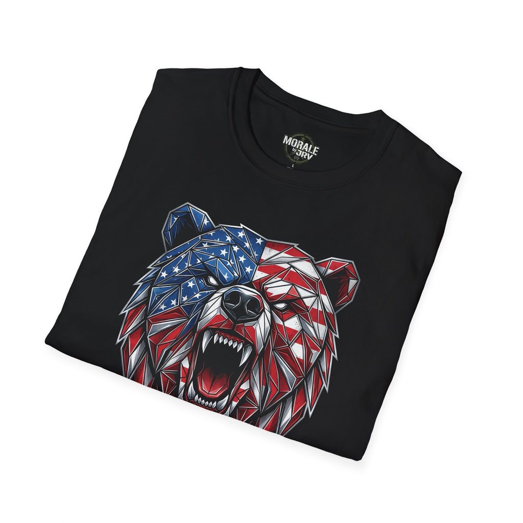 Black T-shirt close-up of geometric American flag bear face graphic